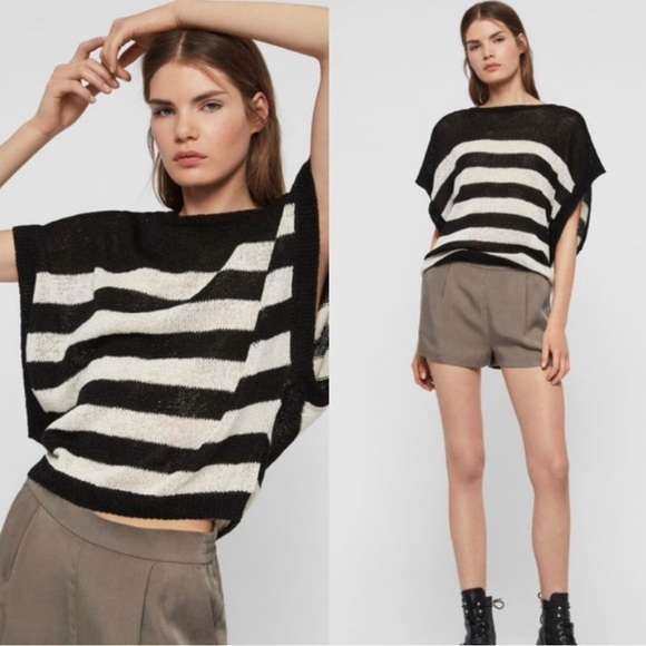 All Saints Carova Loose Knit Black and Natural Striped Short Dolman Sleeve Top M - Picture 1 of 13
